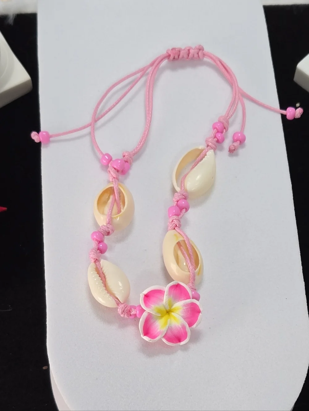 Island Girl Pink Cowrie Shell Anklet Plumeria Flower Braided Adjustable Coastal